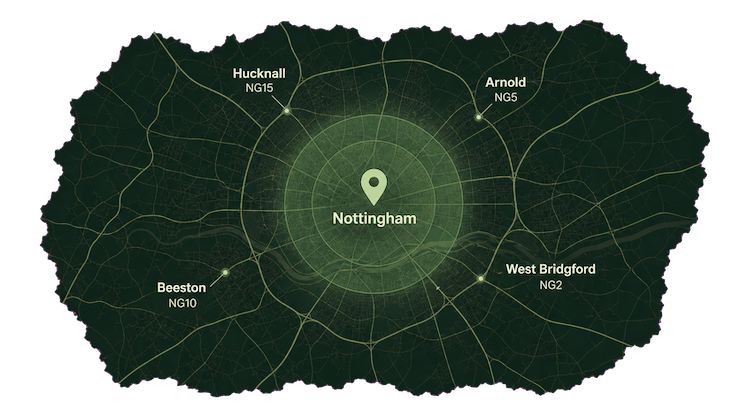Nottingham service coverage map showing Hucknall, Arnold, Beeston and West Bridgford